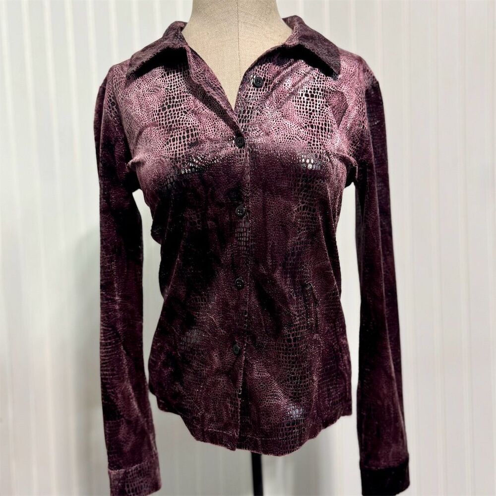 VTG 90s Y2K Carole Little Petites 6 Velvet Faux Snakeskin Button Down Shirt Plum
